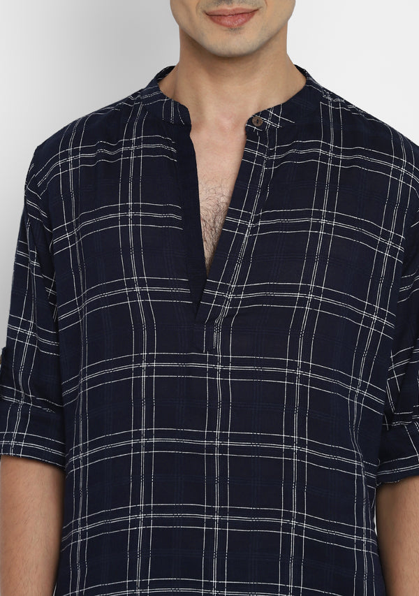 Navy Blue Checked Cotton Shirt and Pyjamas For Men