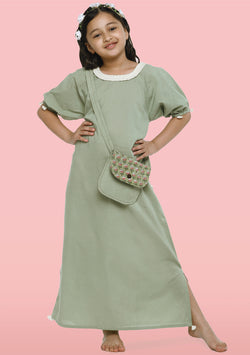 Green Cotton Nighty Dress With Trimmings And Sling Bag For Kids - unidra.myshopify.com