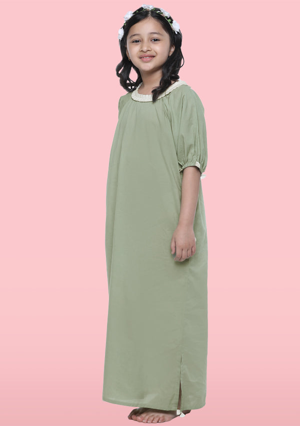 Green Cotton Nighty Dress With Trimmings And Sling Bag For Kids - unidra.myshopify.com