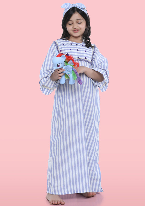 Blue White Stripe Cotton Nighty Dress With Lace Trimmings For Kids - unidra.myshopify.com