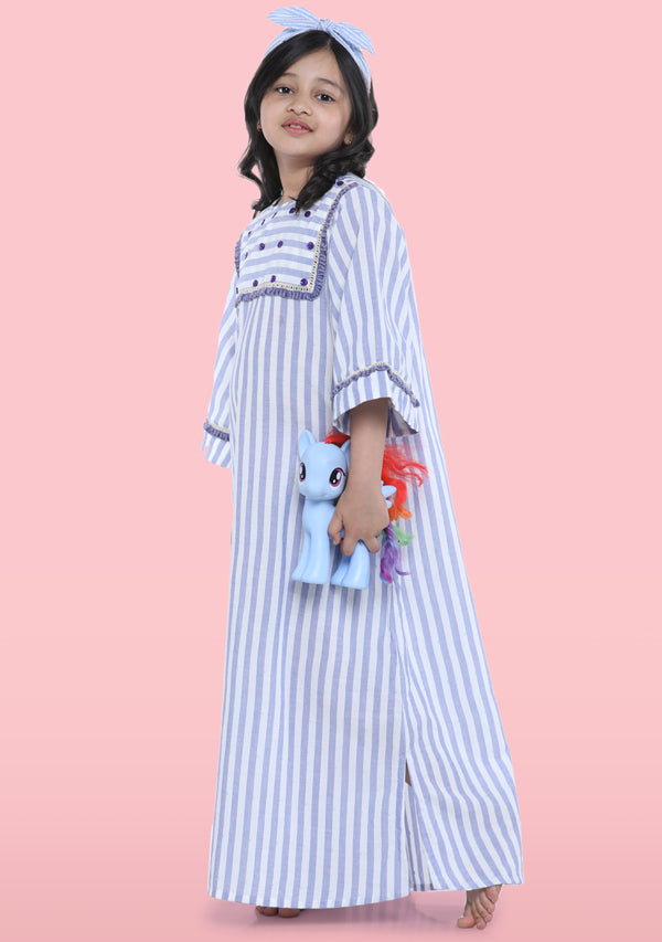 Blue White Stripe Cotton Nighty Dress With Lace Trimmings For Kids - unidra.myshopify.com