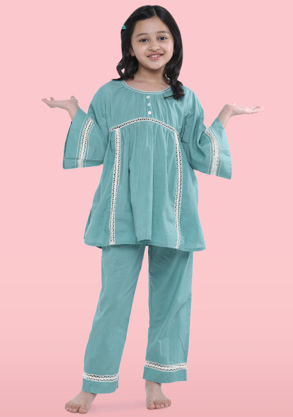 Sapphire Blue Cotton Night Suit With Lace Trimmings For Kids - unidra.myshopify.com