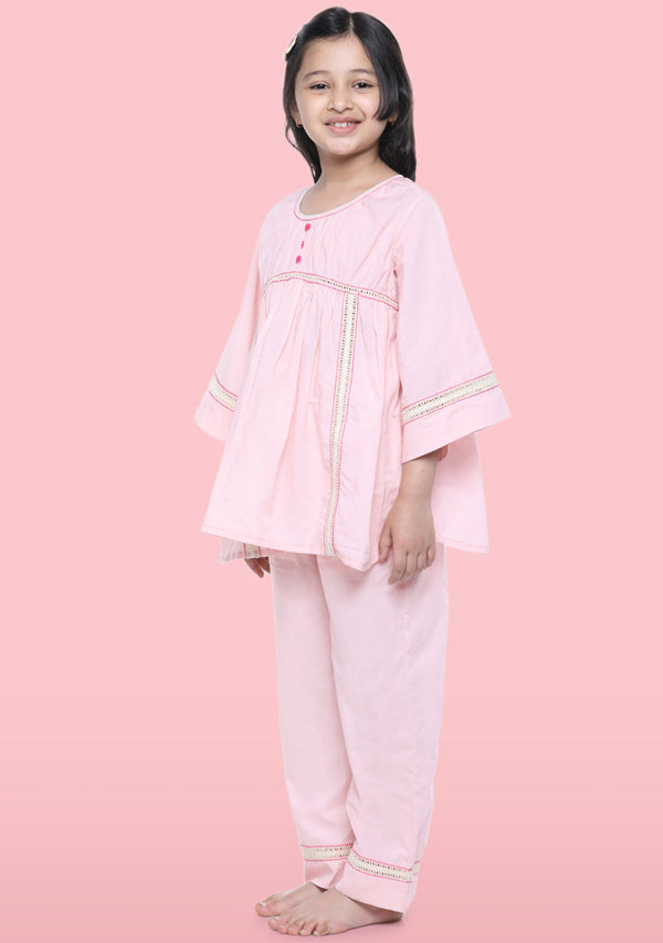 Pink Cotton Night Suit with Lace Trimmings for Kids - unidra.myshopify.com