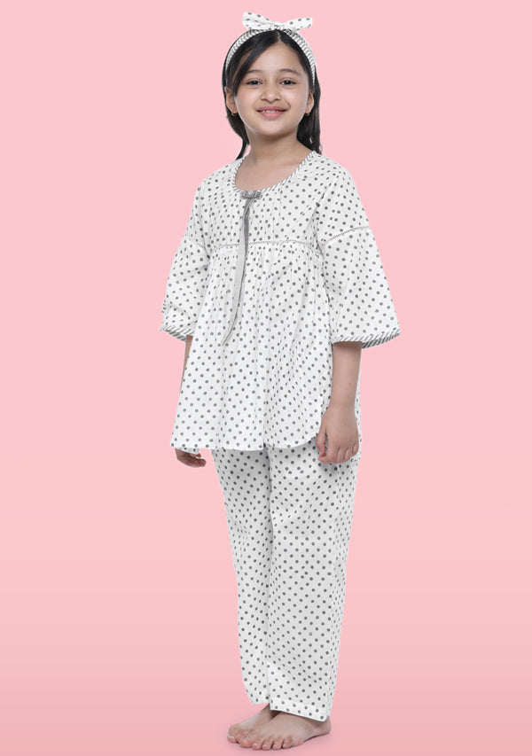 Ivory Grey Polka Dot Motif Hand Block Printed Cotton Night Suit With Hair Band For Kids - unidra.myshopify.com