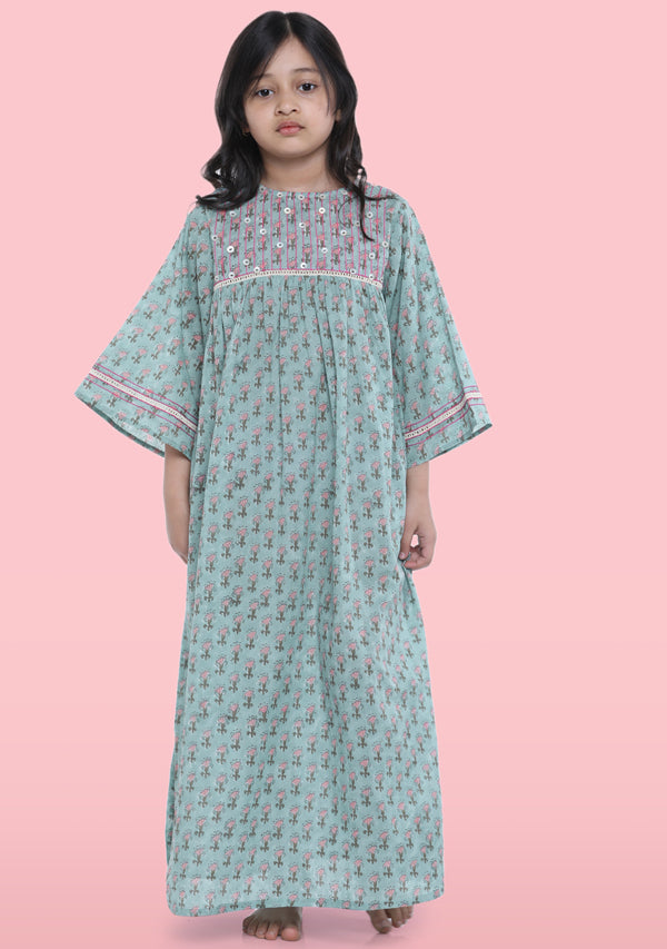 Blue Pink Flower Motif Hand Block Printed Cotton Nighty Dress With Trimmings And Sling Bag For Kids - unidra.myshopify.com