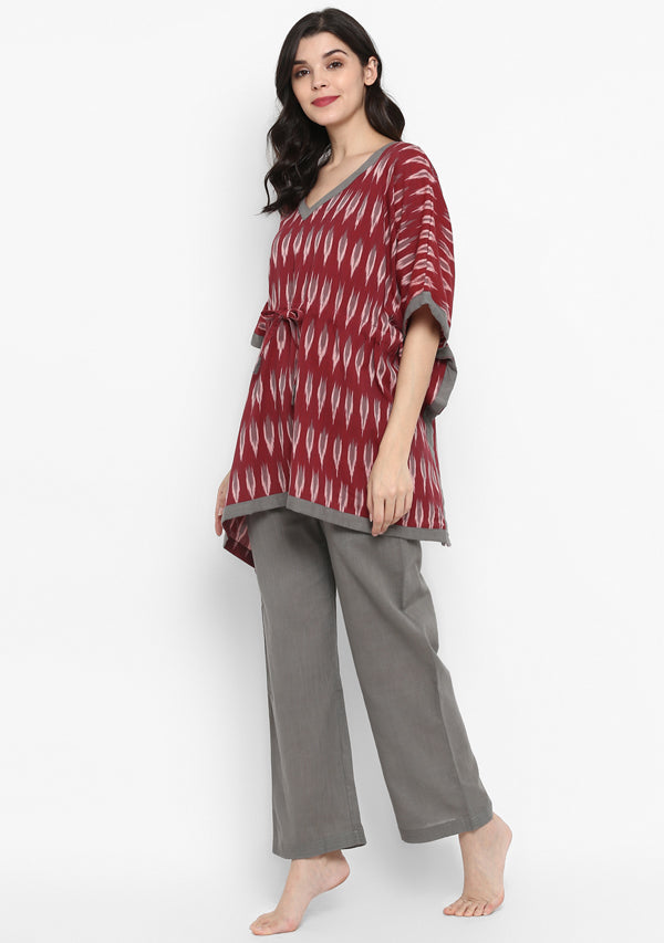 Maroon Grey Ikat Weave Short Kaftan with Pyjamas - unidra.myshopify.com