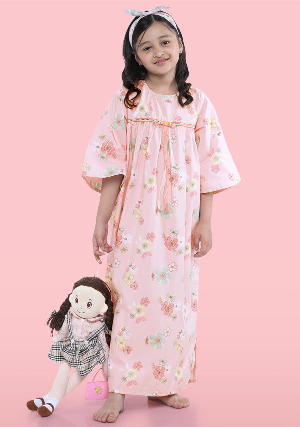 Pink Yellow Flower Motif Cotton Nighty Dress With Trimmings And Hair Band For Kids - unidra.myshopify.com