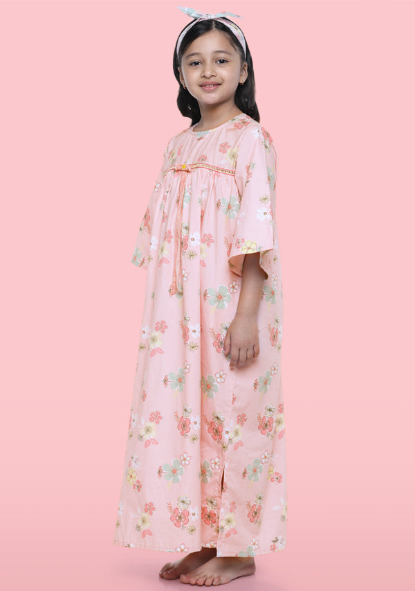 Pink Yellow Flower Motif Cotton Nighty Dress With Trimmings And Hair Band For Kids - unidra.myshopify.com