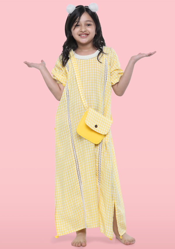 Yellow Ivory Hand Block Check Printed Cotton Nighty Dress With Sling Bag For Kids - unidra.myshopify.com