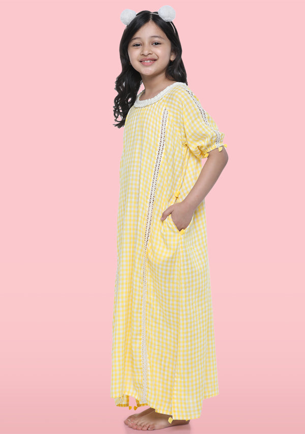 Yellow Ivory Hand Block Check Printed Cotton Nighty Dress With Sling Bag For Kids - unidra.myshopify.com
