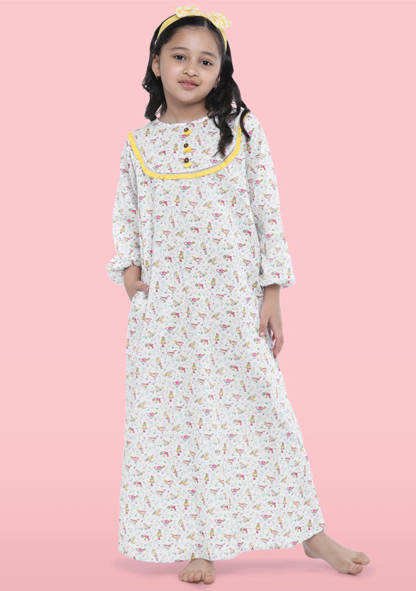 White Yellow Bird Motif  Printed Cotton Nighty Dress With Sling Bag For Kids - unidra.myshopify.com