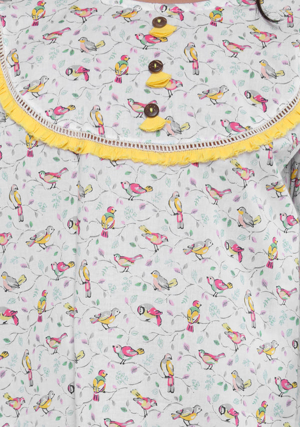 White Yellow Bird Motif  Printed Cotton Nighty Dress With Sling Bag For Kids - unidra.myshopify.com