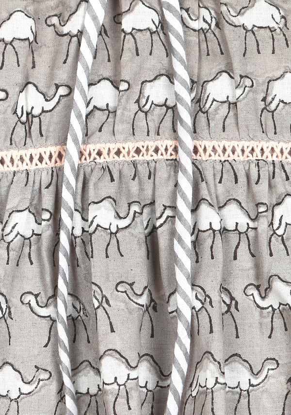 Grey Ivory Camel Motif Hand Block Printed Cotton Night Suit With Lace Trimmings And Bags for Kids - unidra.myshopify.com