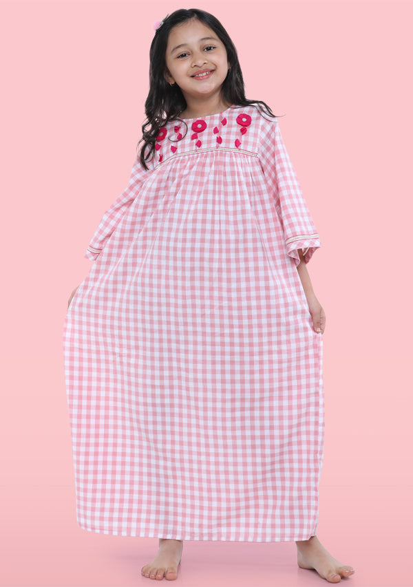 Pink Checked Cotton Nighty Dress With Applique Flowers For Kids - unidra.myshopify.com