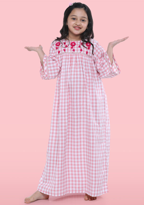 Pink Checked Cotton Nighty Dress With Applique Flowers For Kids - unidra.myshopify.com