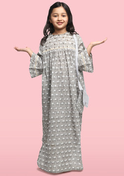 Grey Ivory Camel Motif Hand Block Printed Cotton Nighty Dress With Sling Bags For Kids - unidra.myshopify.com