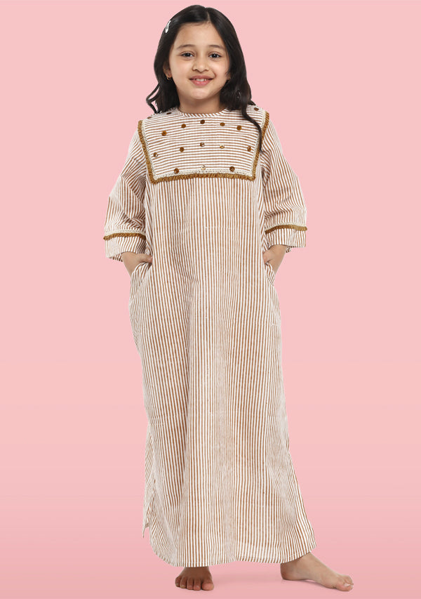 Brown Ivory Striped Hand Block Print Cotton Nighty Dress for Kids - unidra.myshopify.com
