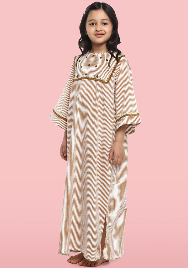 Brown Ivory Striped Hand Block Print Cotton Nighty Dress for Kids - unidra.myshopify.com