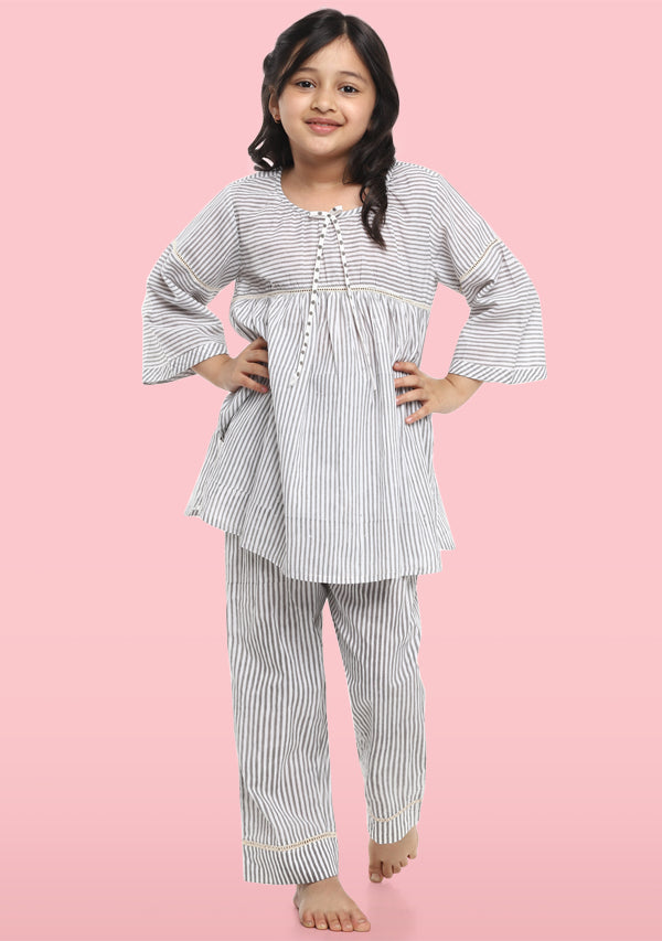 Ivory Grey  Hand Block Printed Striped Cotton Night Suit with Lace Trimmings for Kids - unidra.myshopify.com