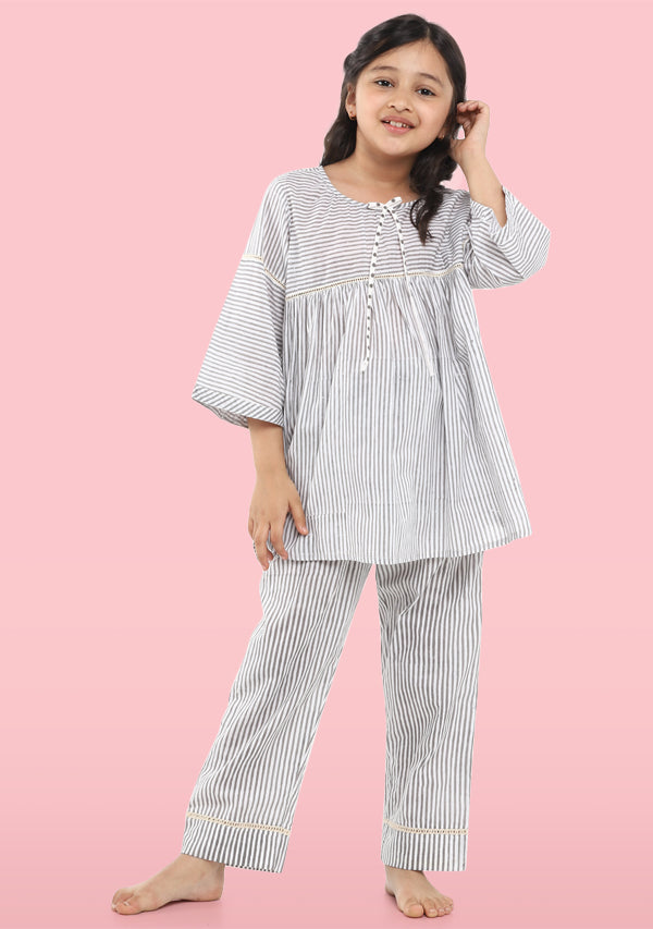 Ivory Grey  Hand Block Printed Striped Cotton Night Suit with Lace Trimmings for Kids - unidra.myshopify.com