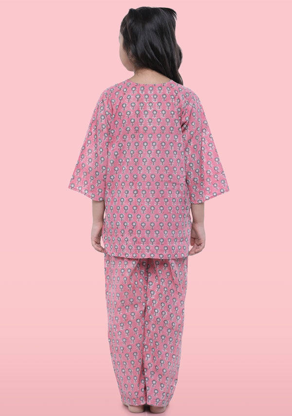 Pink Grey Flower Motif Hand Block Printed Cotton Night Suit for Kids - unidra.myshopify.com