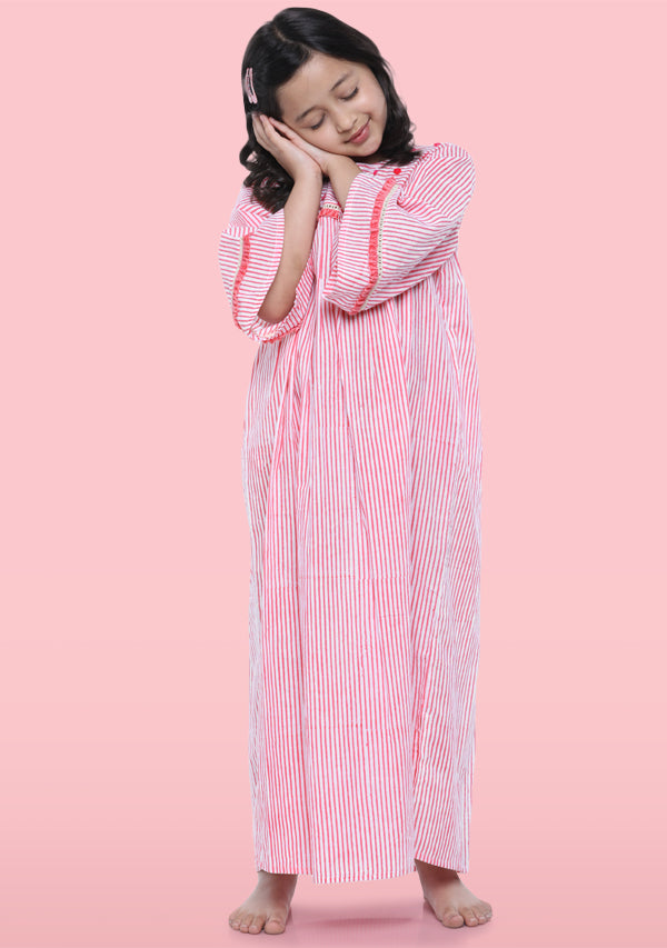 Pink White Striped Cotton Nighty Dress With Trimmings For Kids - unidra.myshopify.com