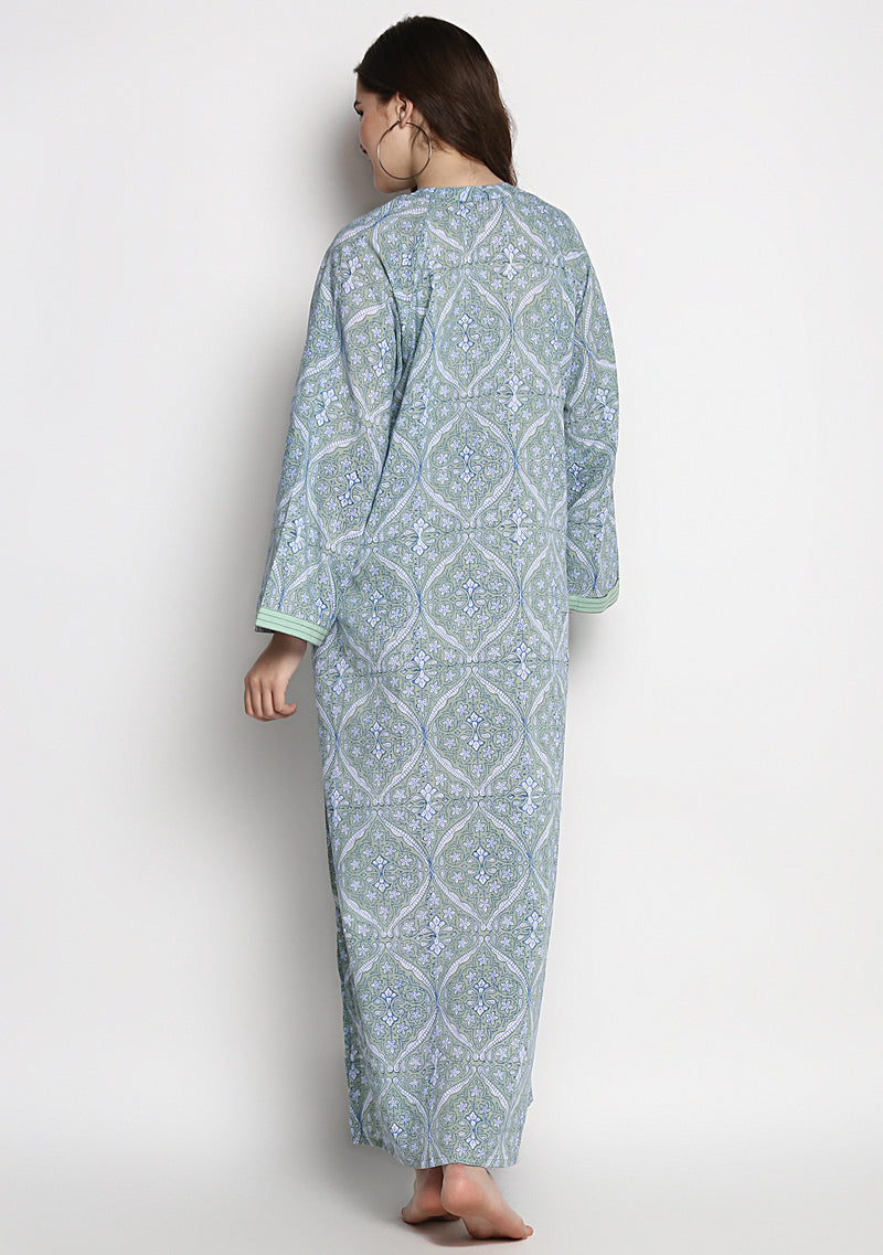 Blue Mughal Design Hand Block Printed Cotton Night Dress with Long Sleeves and Zip Detail - unidra.myshopify.com