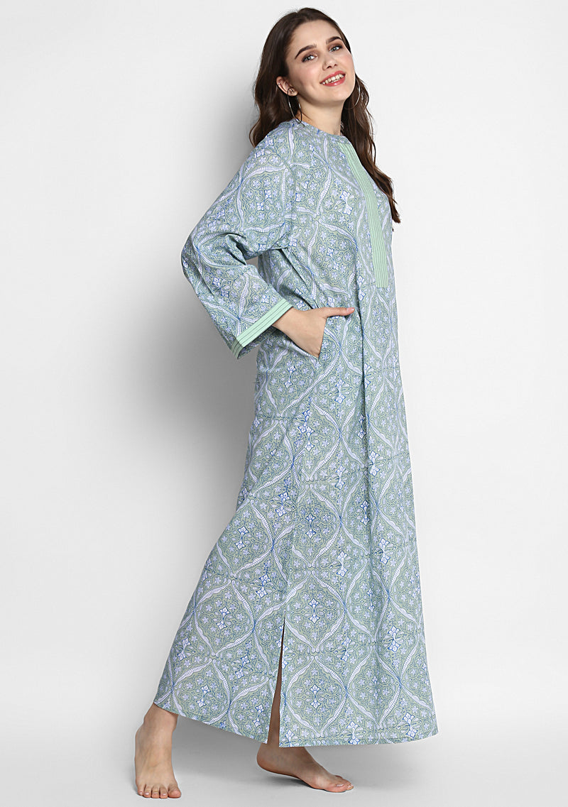 Blue Mughal Design Hand Block Printed Cotton Night Dress with Long Sleeves and Zip Detail - unidra.myshopify.com