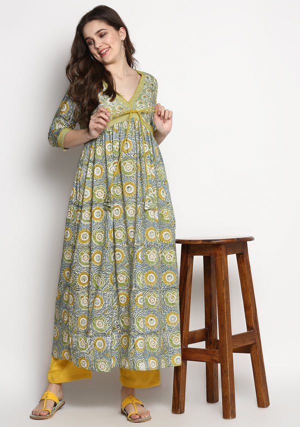 Adaa Lime Green Yellow Hand Block Printed Cotton Kurta With Trimmings Paired With Yellow Pants - unidra.myshopify.com