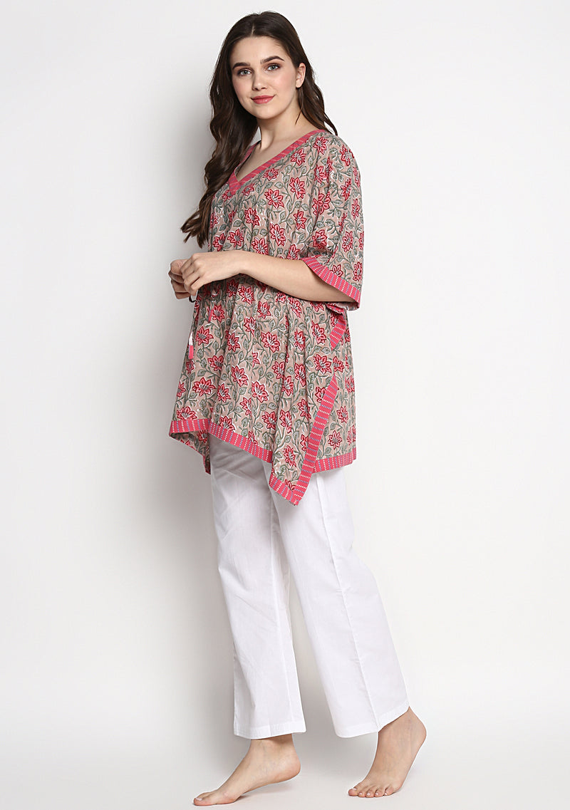 Beige Pink Hand Block Printed Flower Motif Short Kaftan with White Pyjamas - unidra.myshopify.com