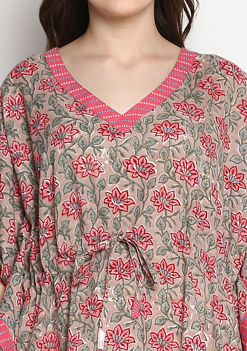 Beige Pink Hand Block Printed Flower Motif Short Kaftan with White Pyjamas - unidra.myshopify.com