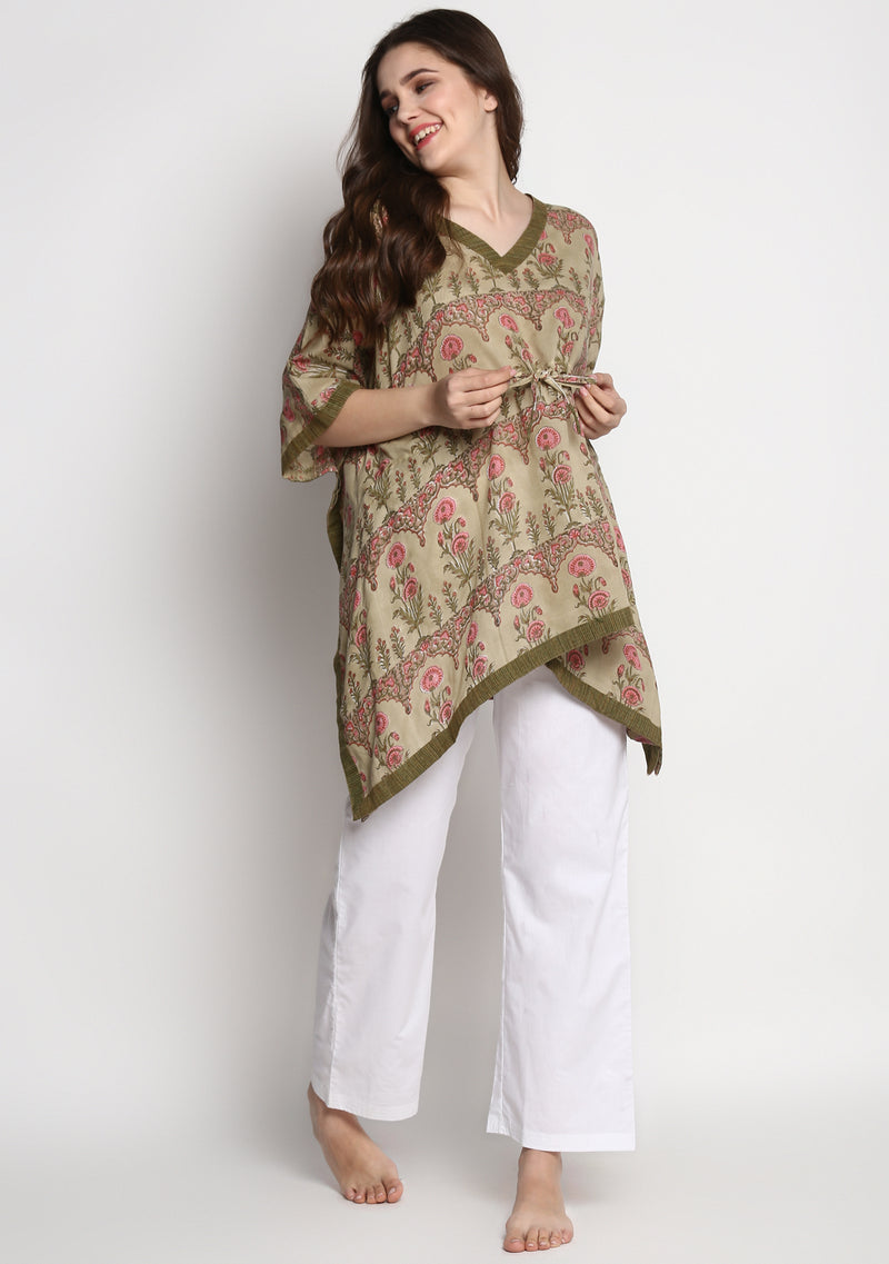 Green Pink Mughal Print Hand Block Printed Floral Short Kaftan with White Pyjamas - unidra.myshopify.com