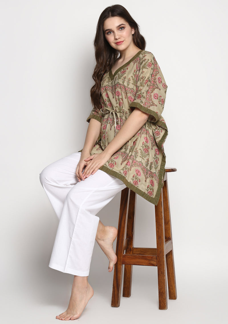 Green Pink Mughal Print Hand Block Printed Floral Short Kaftan with White Pyjamas - unidra.myshopify.com