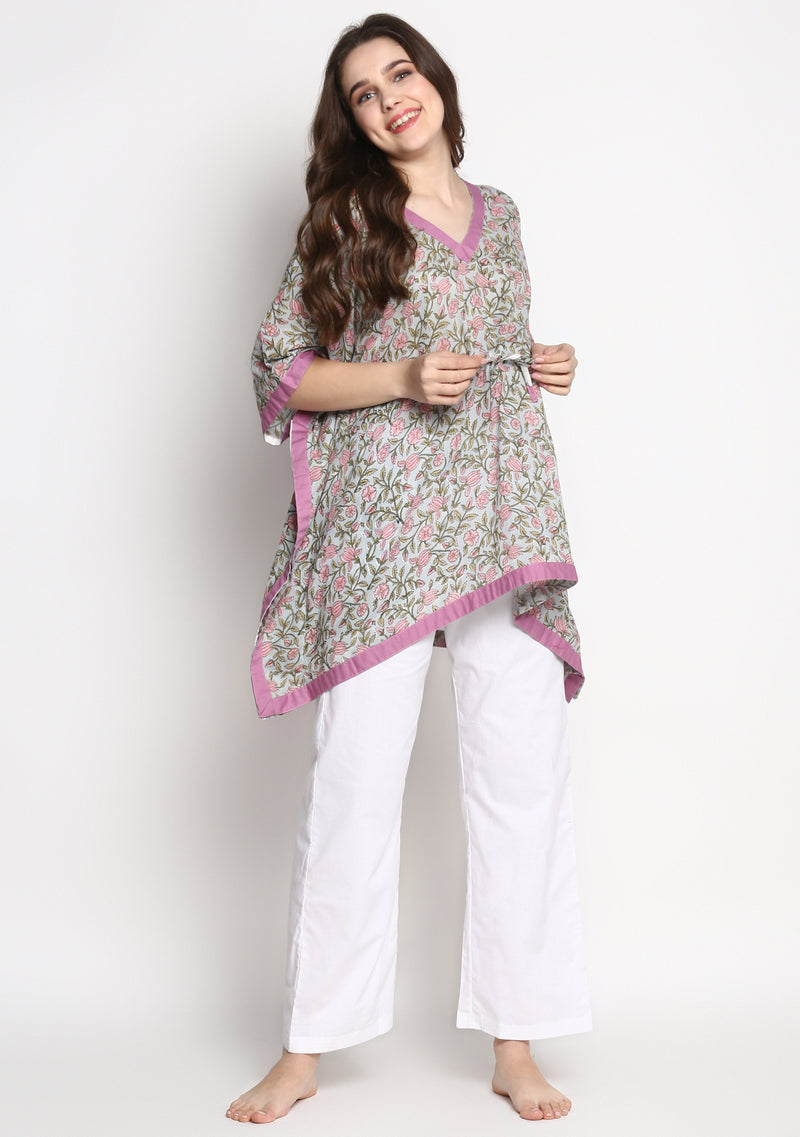 Grey Pink Hand Block Printed Floral Short Kaftan with White Pyjamas - unidra.myshopify.com