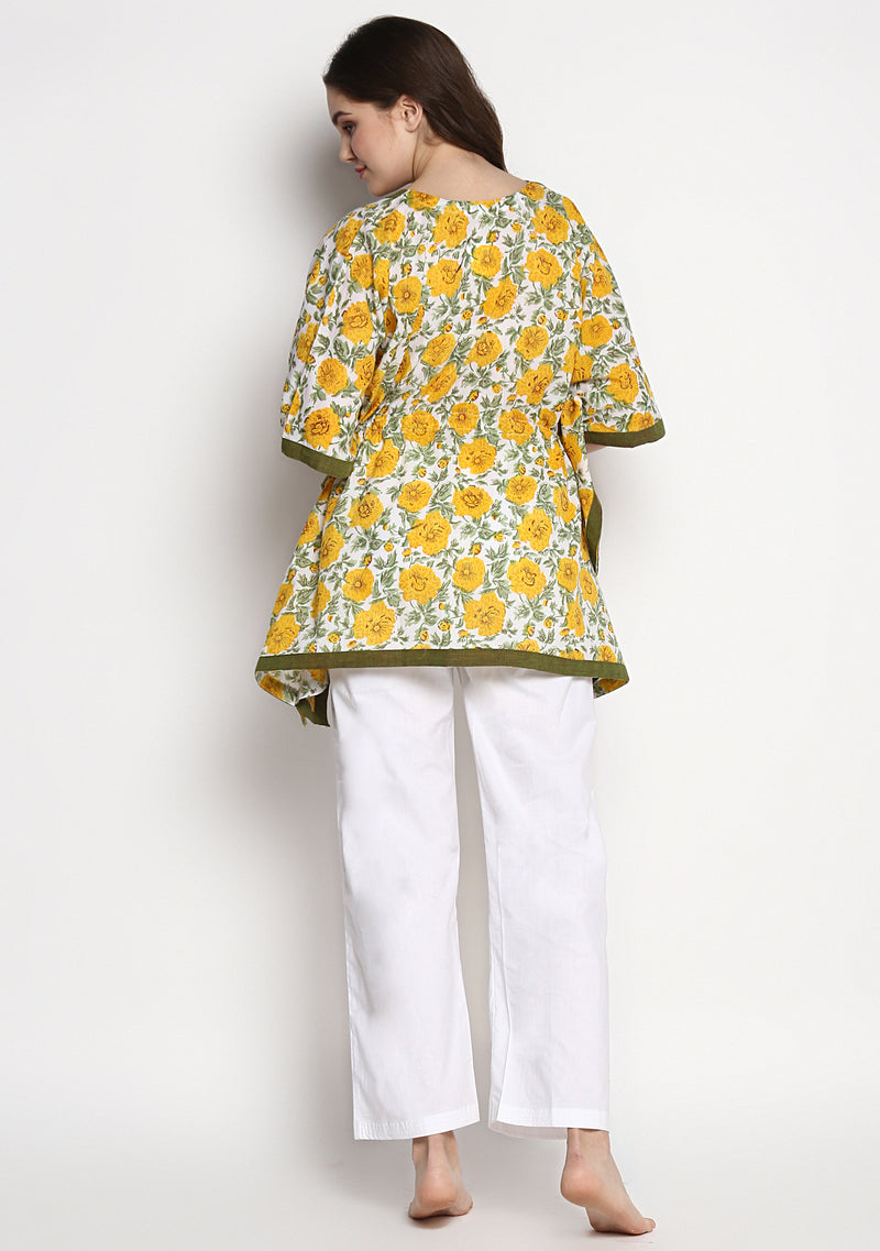 Yellow Green Hand Block Printed Floral Short Kaftan with White Pyjamas - unidra.myshopify.com