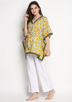 Yellow Green Hand Block Printed Floral Short Kaftan with White Pyjamas - unidra.myshopify.com