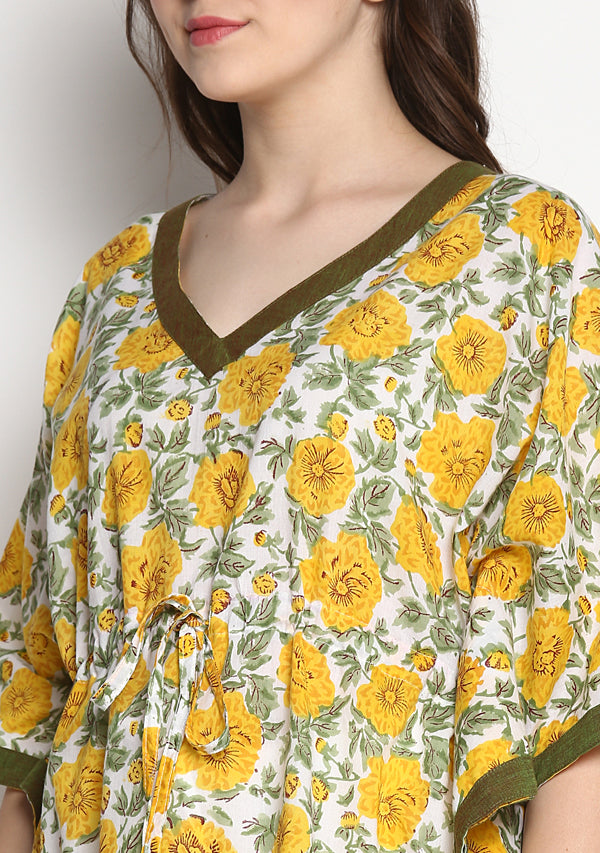 Yellow Green Hand Block Printed Floral Short Kaftan Tunic - unidra.myshopify.com