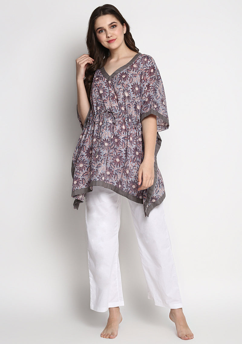 Grey Red Hand Block Printed Floral Short Kaftan with White Pyjamas - unidra.myshopify.com