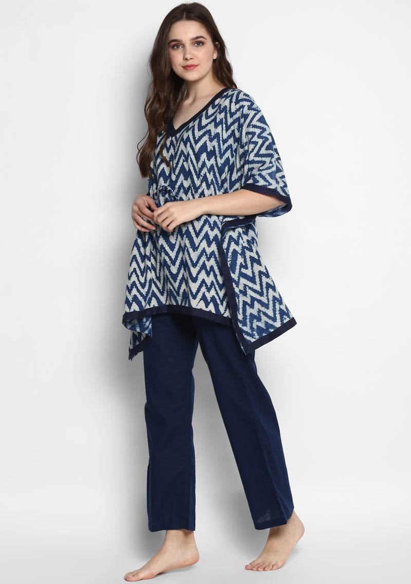 Indigo Ivory Hand Block Printed  Short Kaftan with Navy Blue Pyjamas - unidra.myshopify.com