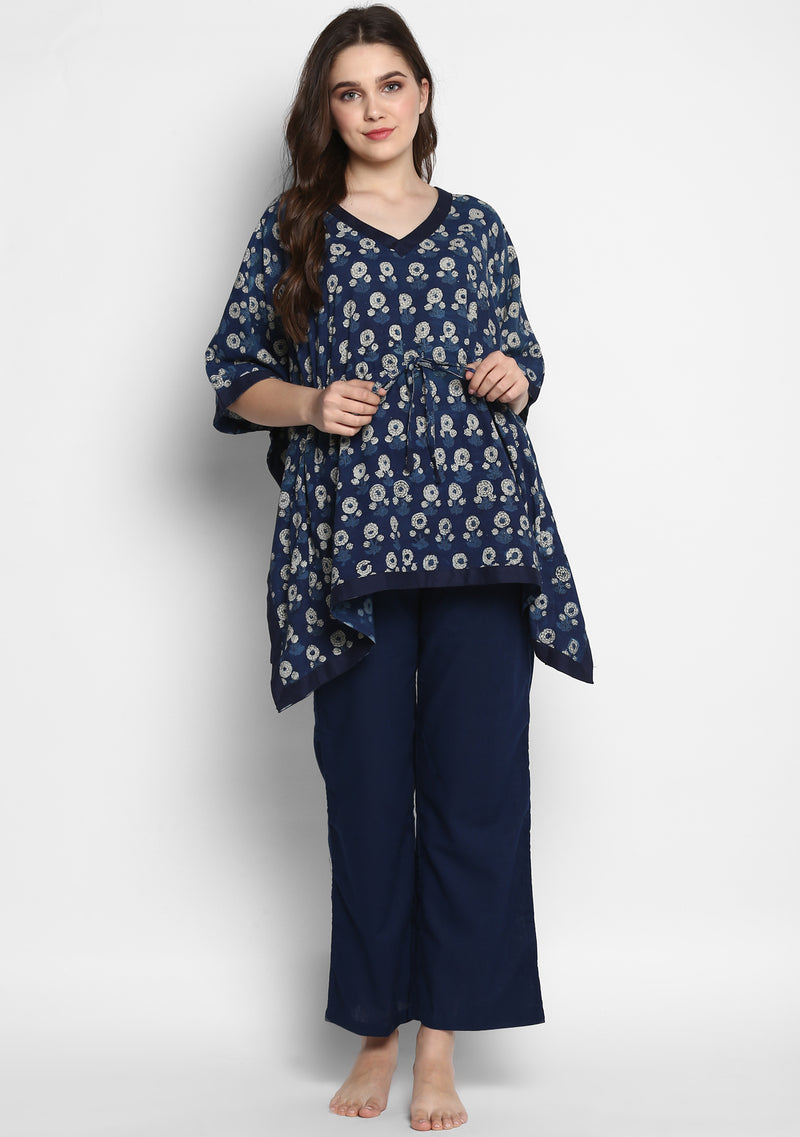 Indigo Ivory Hand Block Printed Flower Motif Short Kaftan with Navy Blue Pyjamas - unidra.myshopify.com