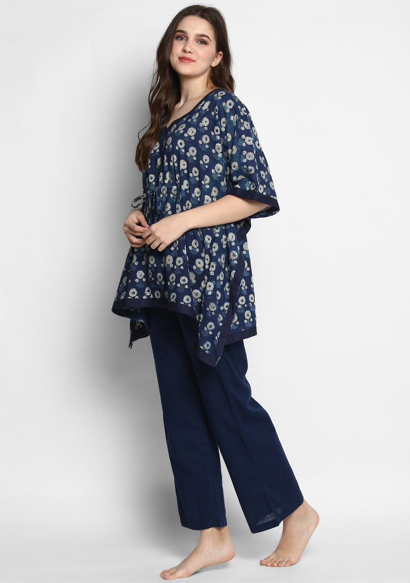 Indigo Ivory Hand Block Printed Flower Motif Short Kaftan with Navy Blue Pyjamas - unidra.myshopify.com