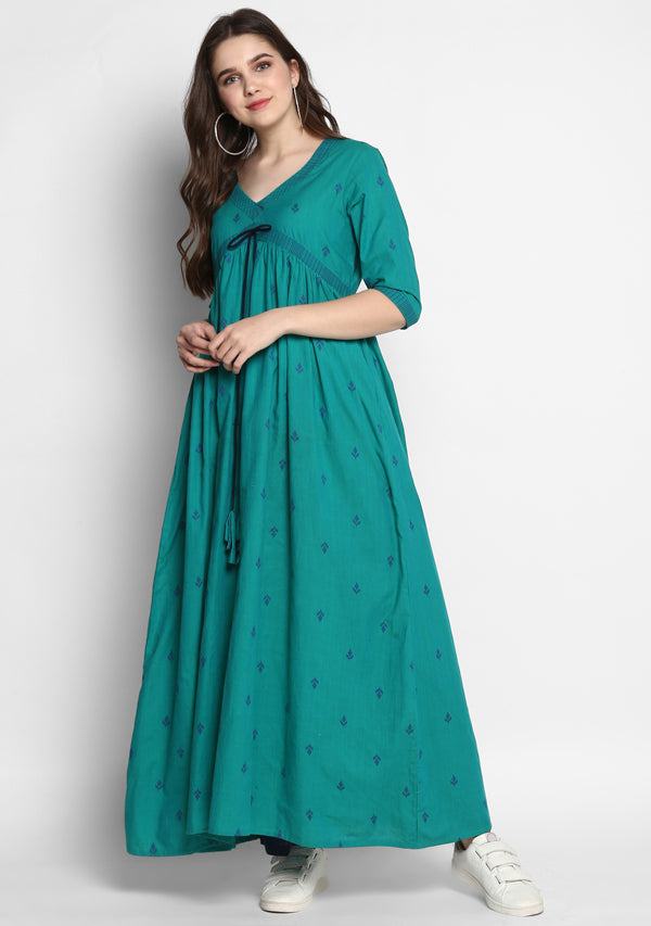 Adaa Turquoise Navy Blue Cotton Dress With Yoke - unidra.myshopify.com