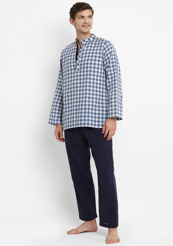 Blue White Checked Cotton Shirt and Pyjamas For Men