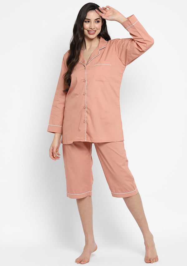 Peach Collared long Sleeve Cotton Night Suit paired  with Capris