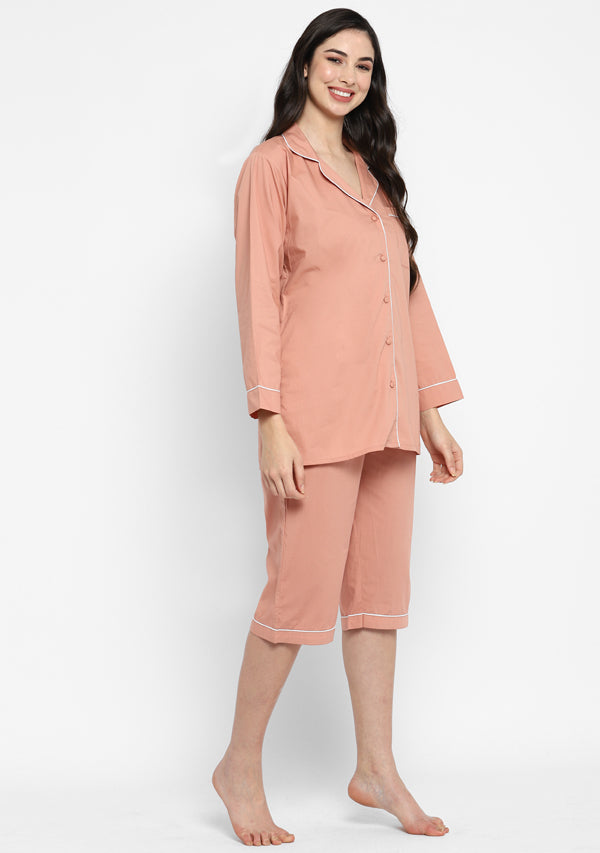 Peach Collared long Sleeve Cotton Night Suit paired  with Capris