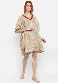 Beige Marble Look Hand Block Printed Short Cotton Dress - unidra.myshopify.com