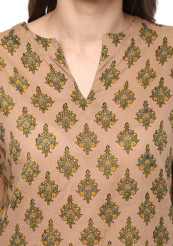 Beige Green Floral Hand Block printed Cotton Night Suit - unidra.myshopify.com