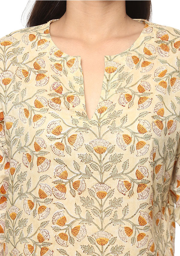 Yellow Peach Floral Hand block Printed Cotton Night Suit - unidra.myshopify.com