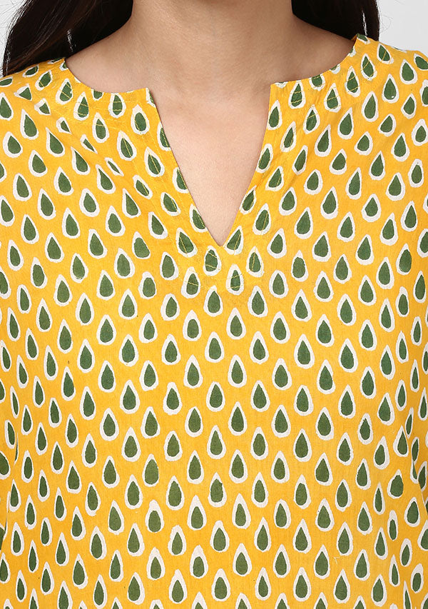 Yellow Green Droplet Motif  Hand Block Printed Cotton Night Suit - unidra.myshopify.com