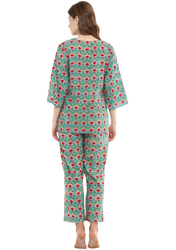 Turquoise Red Floral Hand Block Printed Cotton Night Suit - unidra.myshopify.com